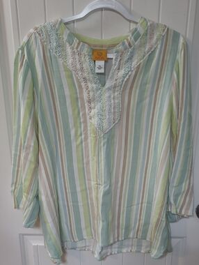 Ruby Road XL Pastel Stripe Lace-Trim Tunic - Green Multi
